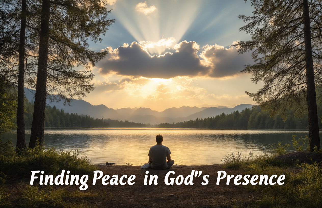 Create a realistic image of a serene natural setting with a person sitting peacefully by a calm lake at sunrise, rays of golden light breaking through clouds, Bible open on their lap, surrounded by gentle trees, with mountains in the distance, capturing a moment of quiet reflection and divine connection, with soft text overlay reading "Finding Peace in God's Presence."