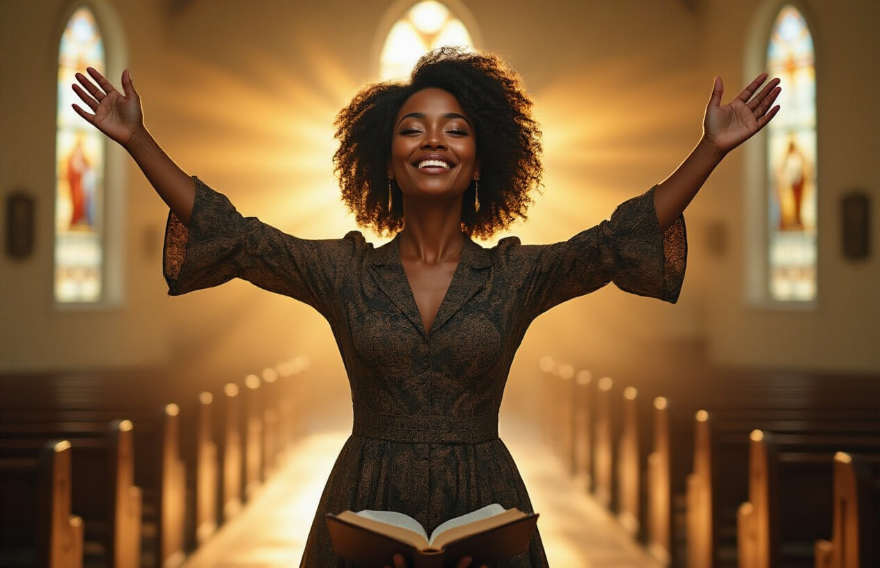 Create a realistic image of a confident Black woman standing triumphantly with arms raised in praise, bathed in warm, golden light streaming through church windows, wearing elegant Sunday attire, her face expressing joy and determination, surrounded by subtle religious symbols of hope and perseverance, with an open Bible nearby and a path stretching ahead symbolizing her spiritual journey.