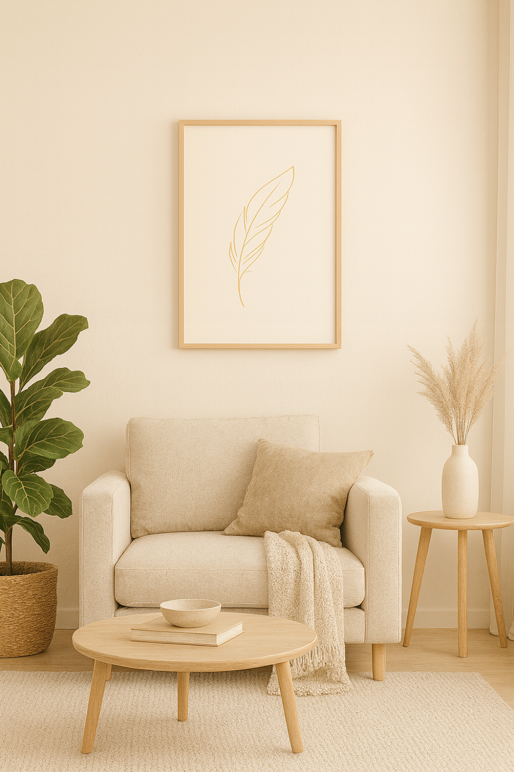 Golden Feather Minimalist Wall Art Print – Elegant Boho Modern Living Room Decor
