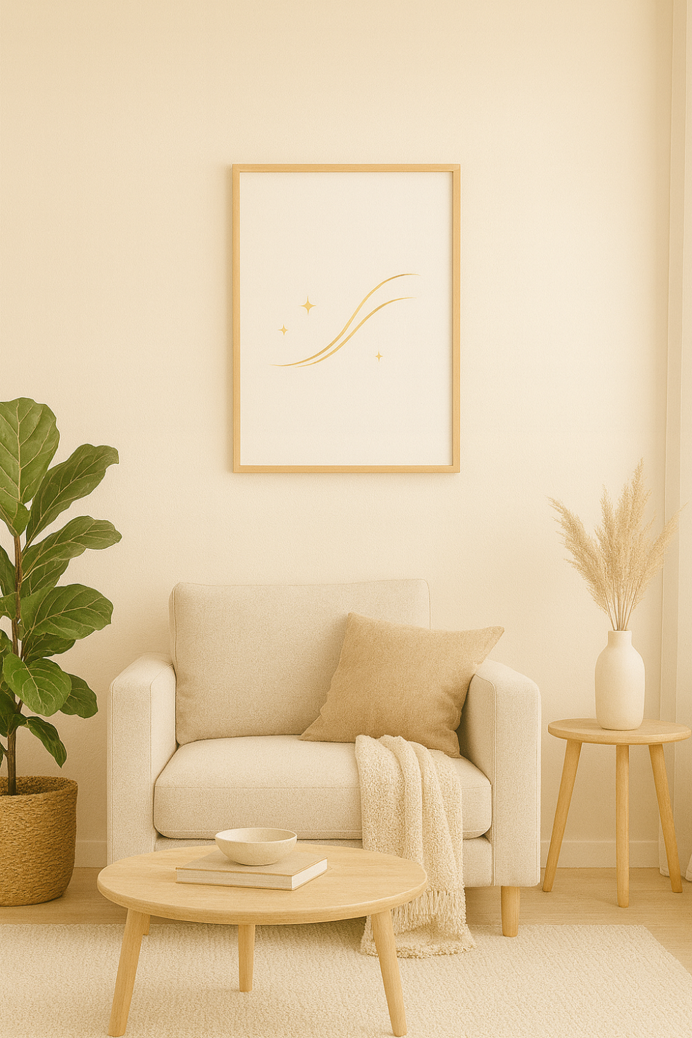 Golden Minimalist Line Art – Elegant Abstract Wall Decor for Modern Living Rooms