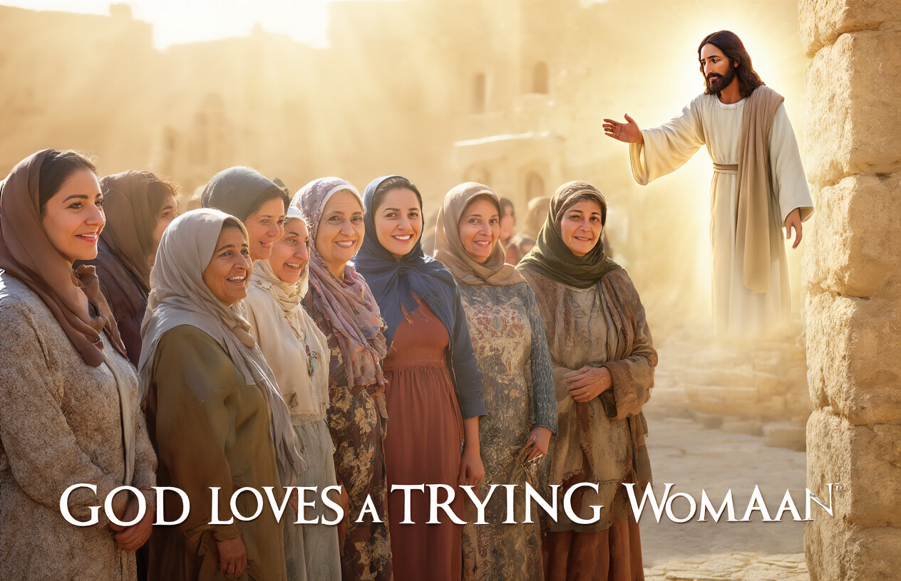 Create a realistic image of a diverse group of women standing in warm sunlight, with Jesus in the background extending his hand in welcome. The women appear confident and joyful, representing different ages and ethnicities. The scene takes place in an ancient Middle Eastern setting with stone buildings. A subtle glow surrounds the entire scene, symbolizing divine love. Text overlay reads "GOD LOVES A TRYING WOMAN."