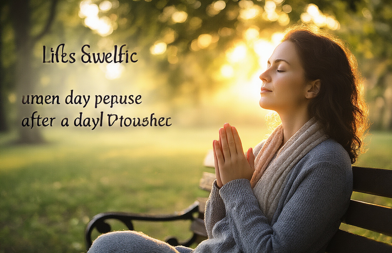 Create a realistic image of a serene person sitting peacefully on a park bench at sunset, eyes closed in prayer, with soft golden light illuminating their face, surrounded by nature, symbolizing finding peace in God's presence after a day's journey.