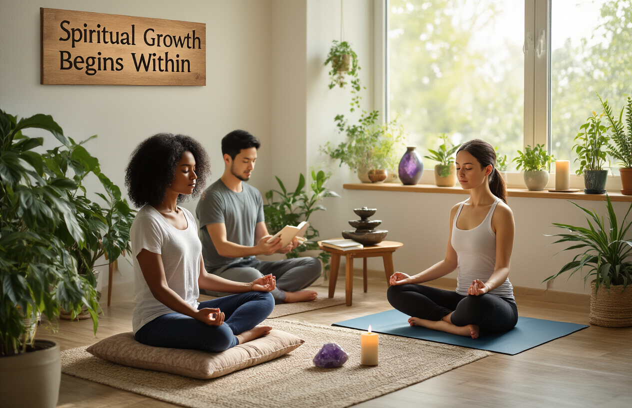 Create a realistic image of a serene meditation space with natural light streaming through a window, featuring a diverse group of people (black female, asian male, white female) in various peaceful practices - one meditating on a cushion, one journaling at a small table, and one doing a gentle yoga pose on a mat. The space has elements of nature with potted plants, a small indoor fountain, and meaningful objects like crystals and candles. A wooden sign reads "Spiritual Growth Begins Within."