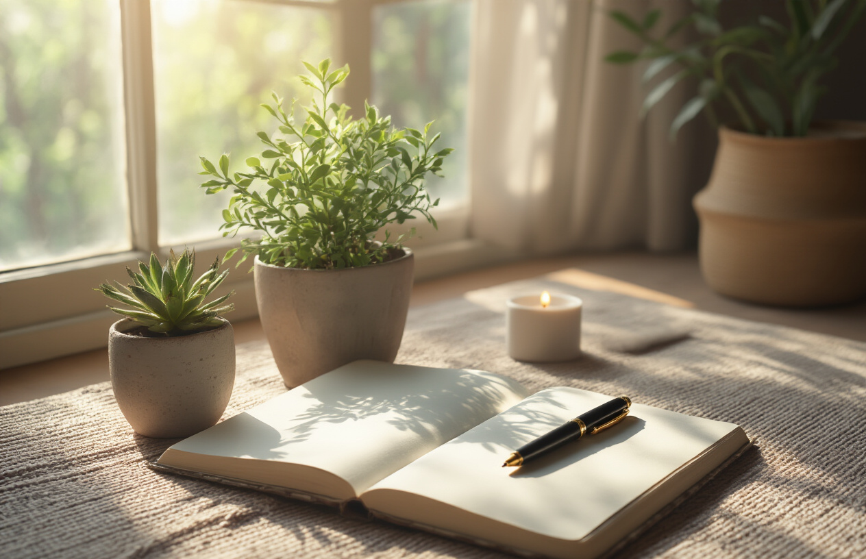 Create a realistic image of a serene meditation space with a journal and pen resting beside a small potted plant, with soft natural light streaming through a window, creating a peaceful atmosphere that suggests reflection and personal growth.